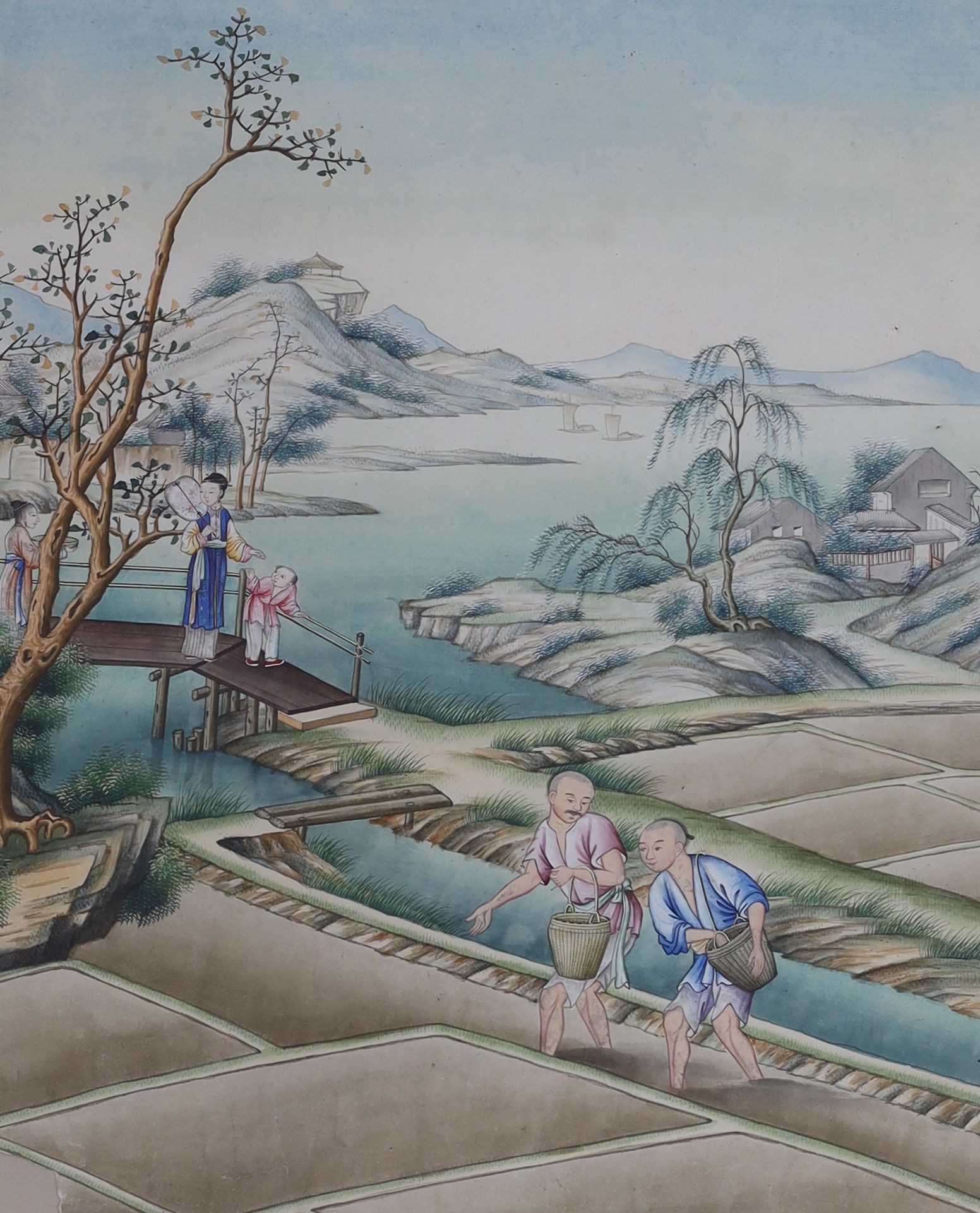 Chinese School, c.1800, gouache on paper, Rice farmers in a landscape, 45 x 37cm